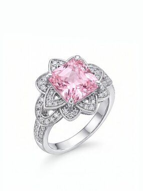 Princess Cut Floral Halo Ring - Pink Morganite, Liz Halston 925 Sterling Silver